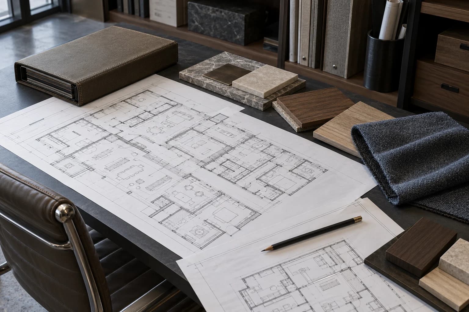 Планы гостиницы и образцы камня, дерева и ткани на столе