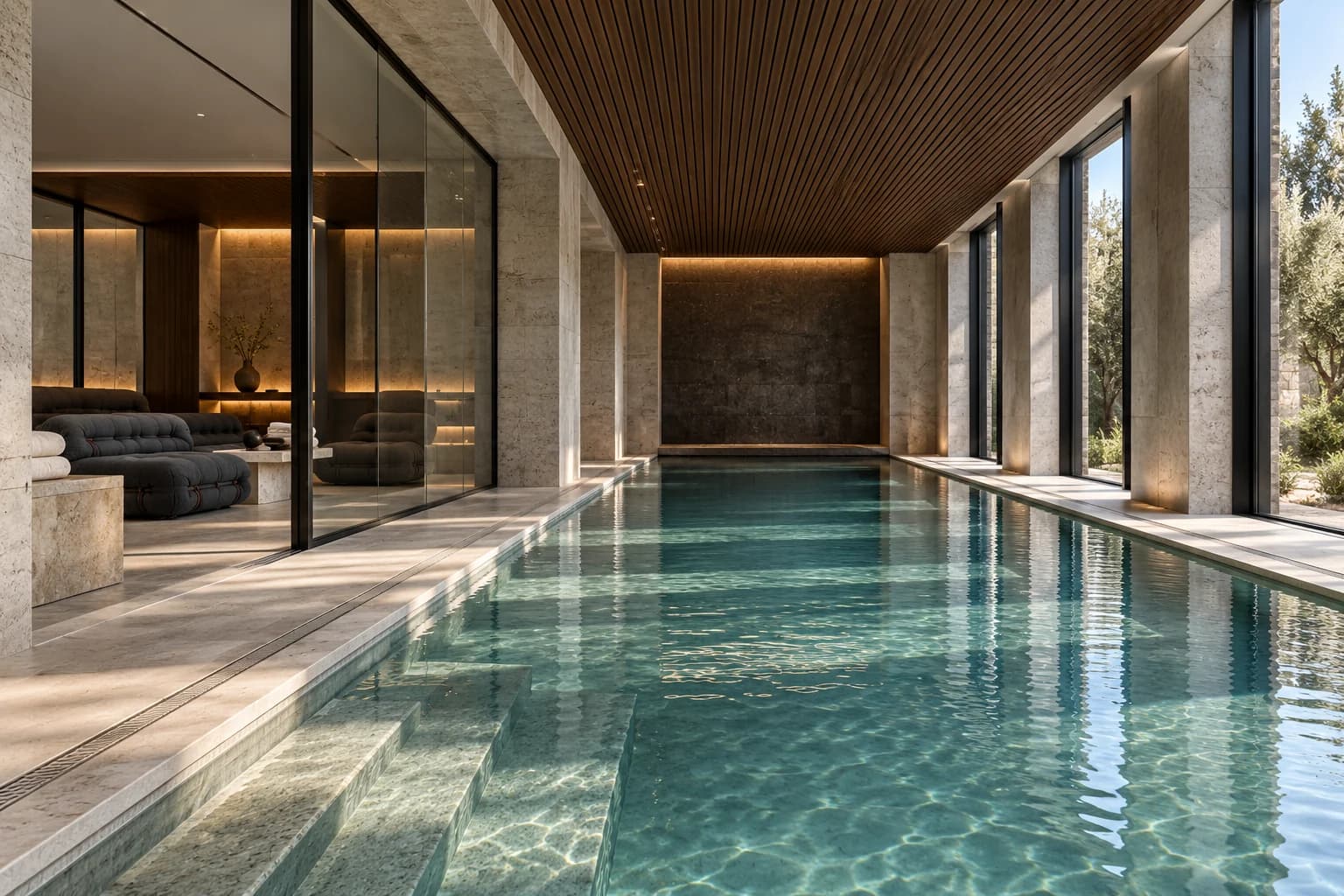 Бассейн SPA с каменной отделкой и панорамными окнами